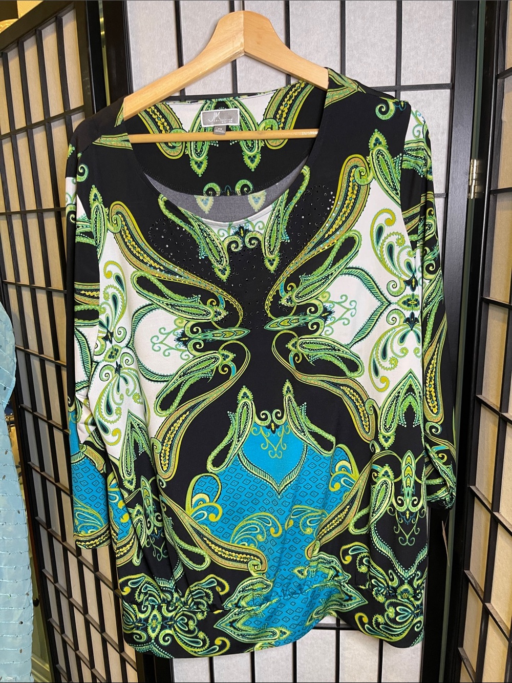 JM Collection Black, Green & Blue Paisley-Print 3/4 Sleeve Blouse